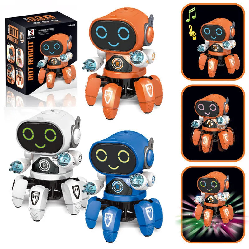 Juguetes educativos de robots bailarines con música y luces LED. Incluye un pulpo robótico de 6 brazos. Ideal como regalo de cumpleaños para bebés y niños.